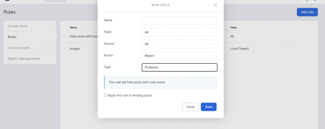 Curate rules pop-up
